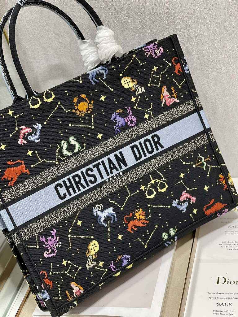 Dior M1286 Large Book Tote Bag Black Pixel Zodiac Embroidery