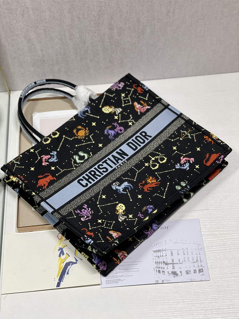 Dior M1286 Large Book Tote Bag Black Pixel Zodiac Embroidery