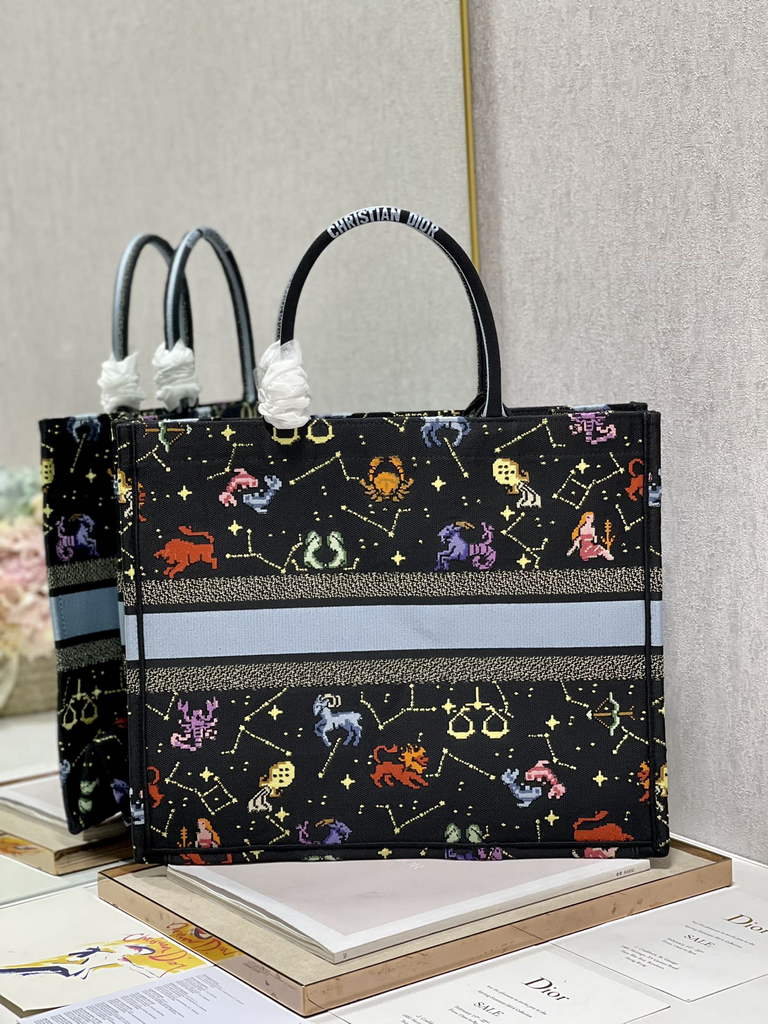 Dior M1286 Large Book Tote Bag Black Pixel Zodiac Embroidery