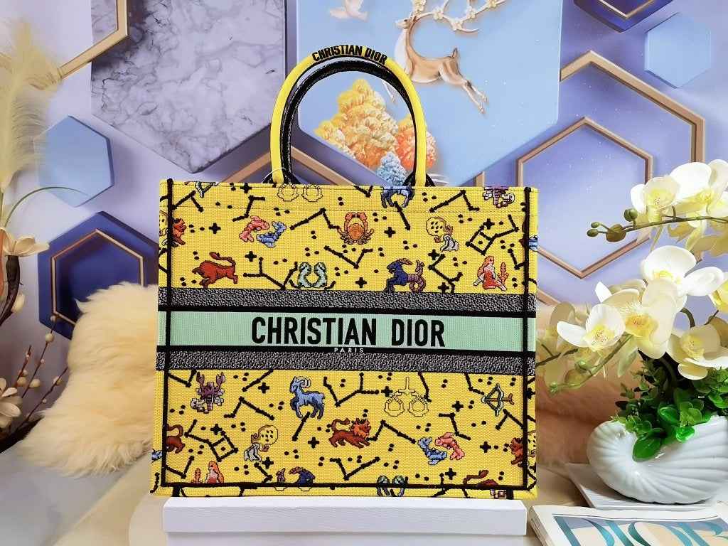 Dior M1286 Large Book Tote Bag Yellow Pixel Zodiac Embroidery