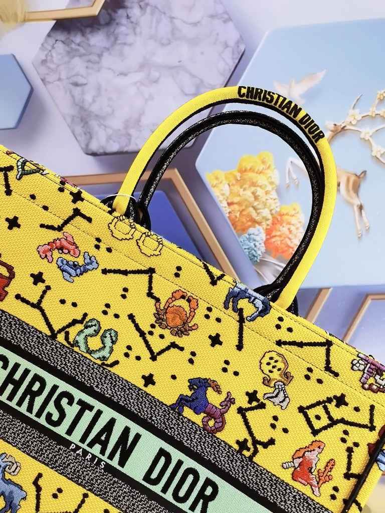 Dior M1286 Large Book Tote Bag Yellow Pixel Zodiac Embroidery