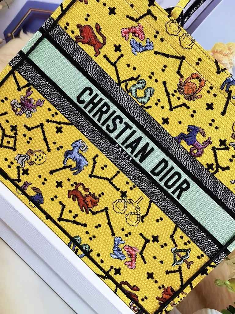 Dior M1286 Large Book Tote Bag Yellow Pixel Zodiac Embroidery