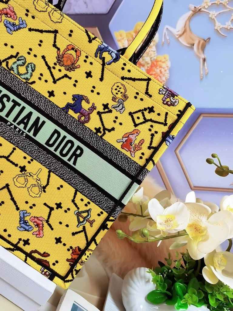Dior M1286 Large Book Tote Bag Yellow Pixel Zodiac Embroidery