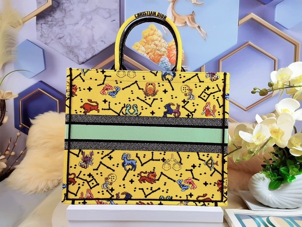 Dior M1286 Large Book Tote Bag Yellow Pixel Zodiac Embroidery