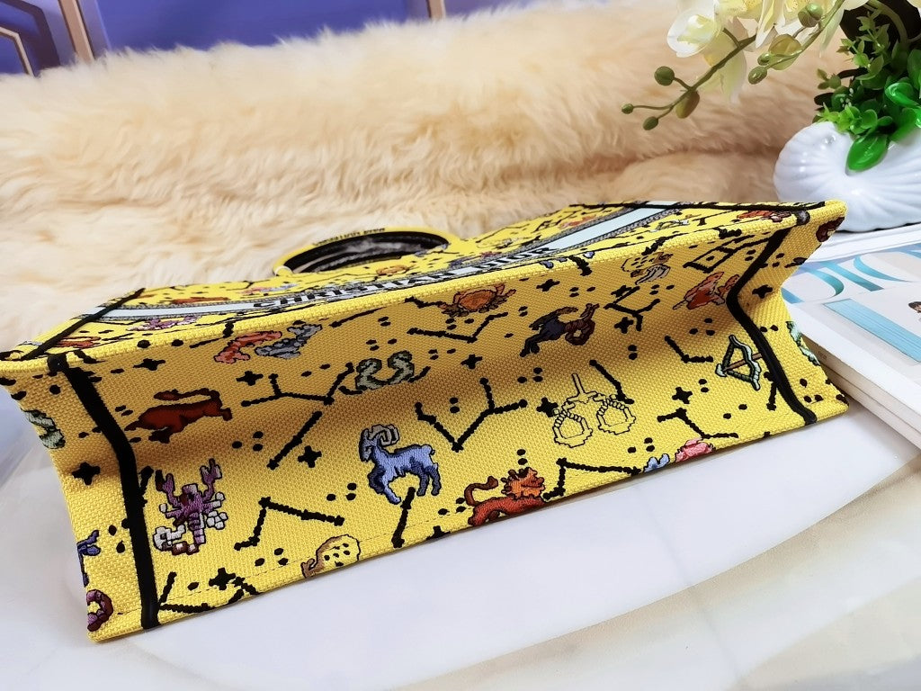 Dior M1286 Large Book Tote Bag Yellow Pixel Zodiac Embroidery