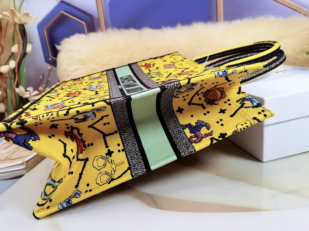 Dior M1286 Large Book Tote Bag Yellow Pixel Zodiac Embroidery