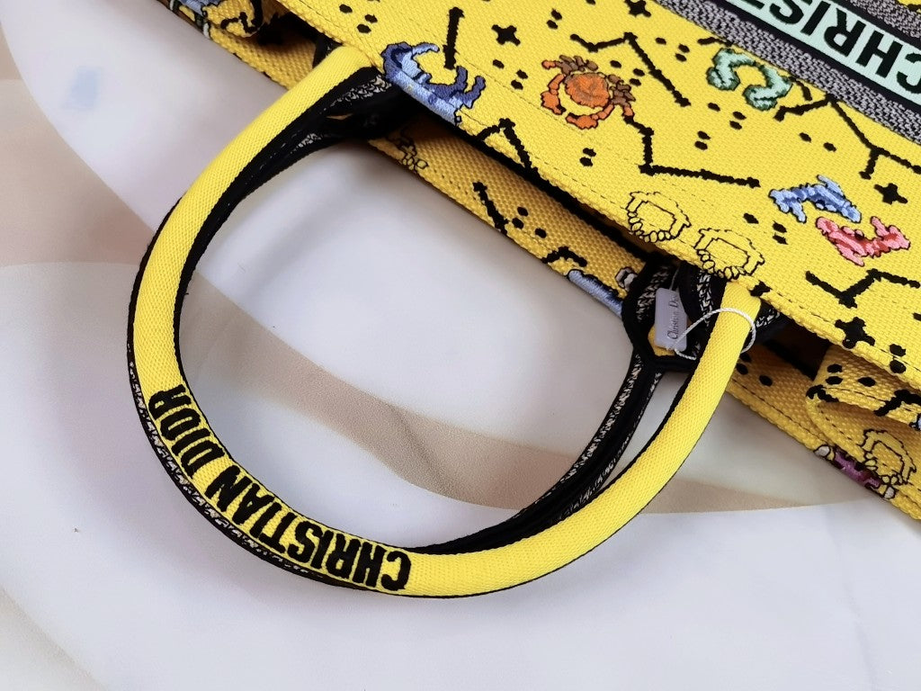 Dior M1286 Large Book Tote Bag Yellow Pixel Zodiac Embroidery