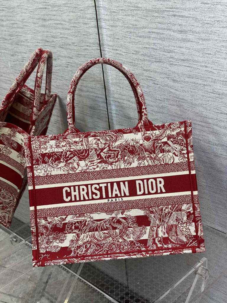 Dior M1286 Large Book Tote Bag Red Toile de Jouy Reverse Embroidery