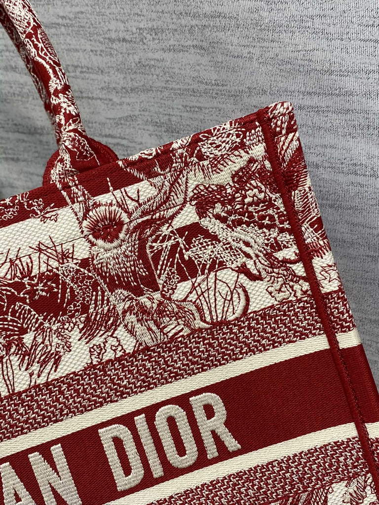 Dior M1286 Large Book Tote Bag Red Toile de Jouy Reverse Embroidery