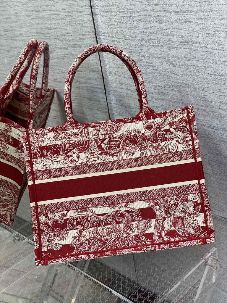Dior M1286 Large Book Tote Bag Red Toile de Jouy Reverse Embroidery