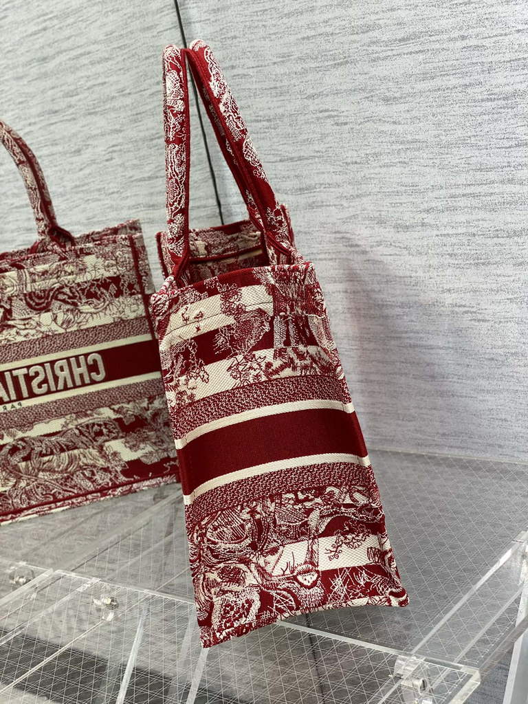 Dior M1286 Large Book Tote Bag Red Toile de Jouy Reverse Embroidery