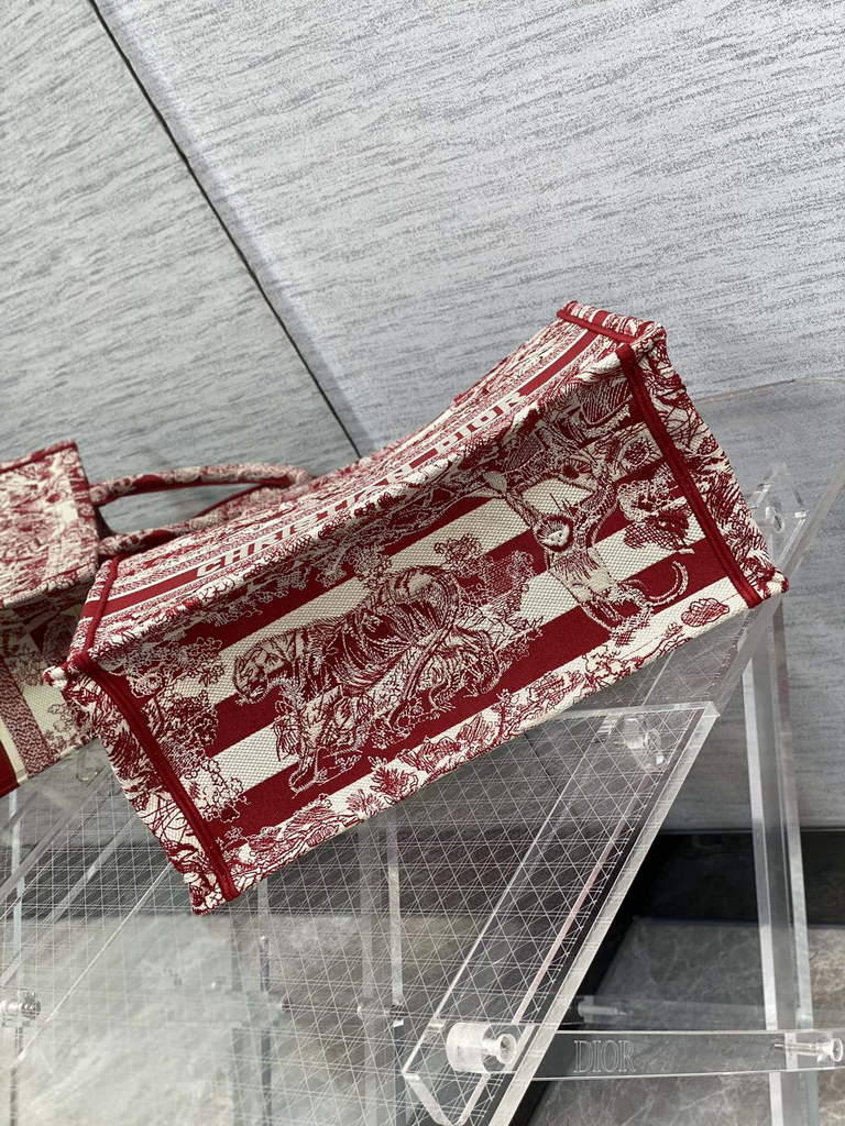 Dior M1286 Large Book Tote Bag Red Toile de Jouy Reverse Embroidery
