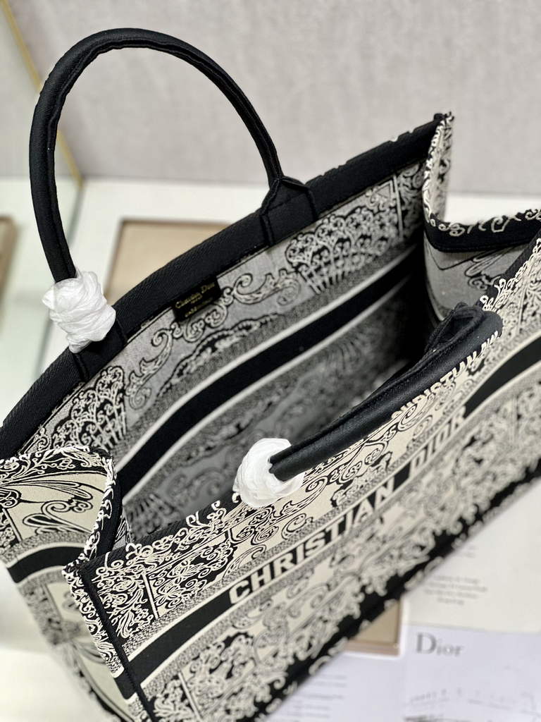 Dior M1286 Large Book Tote Black and Beige Bandana Embroidery