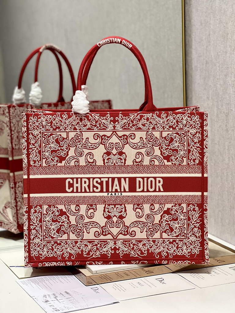 Dior M1286 Large Book Tote White and Red Bandana Embroidery