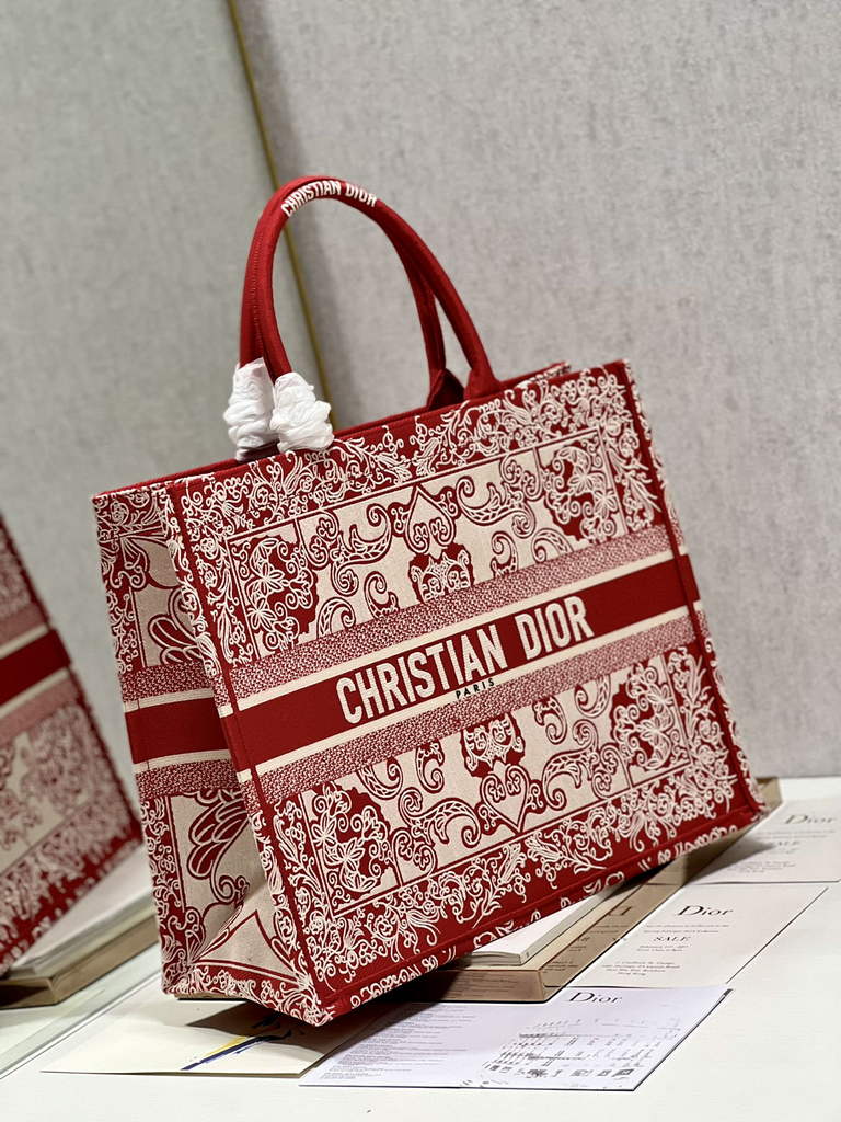 Dior M1286 Large Book Tote White and Red Bandana Embroidery