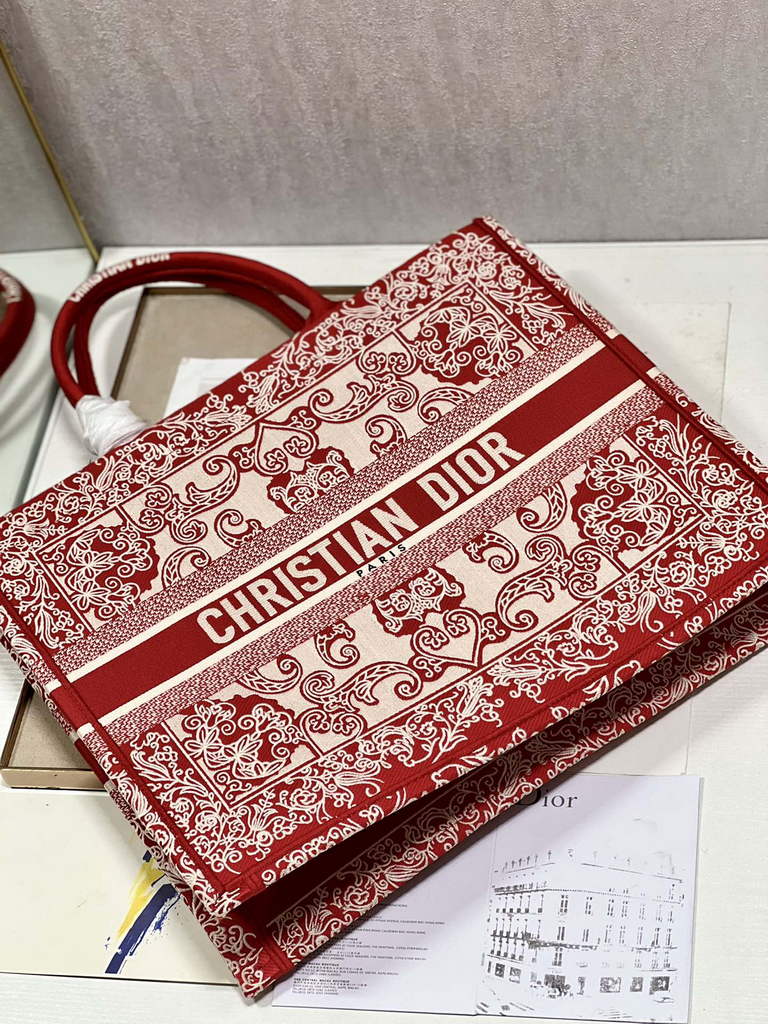 Dior M1286 Large Book Tote White and Red Bandana Embroidery