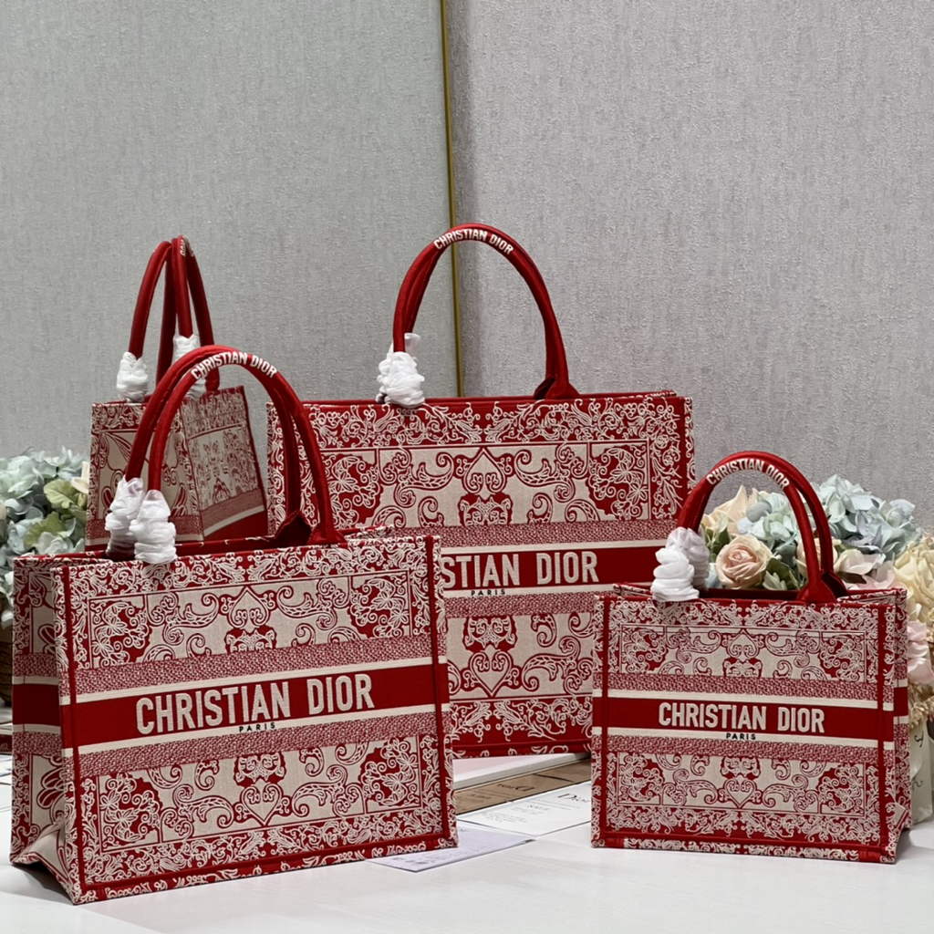 Dior M1286 Large Book Tote White and Red Bandana Embroidery