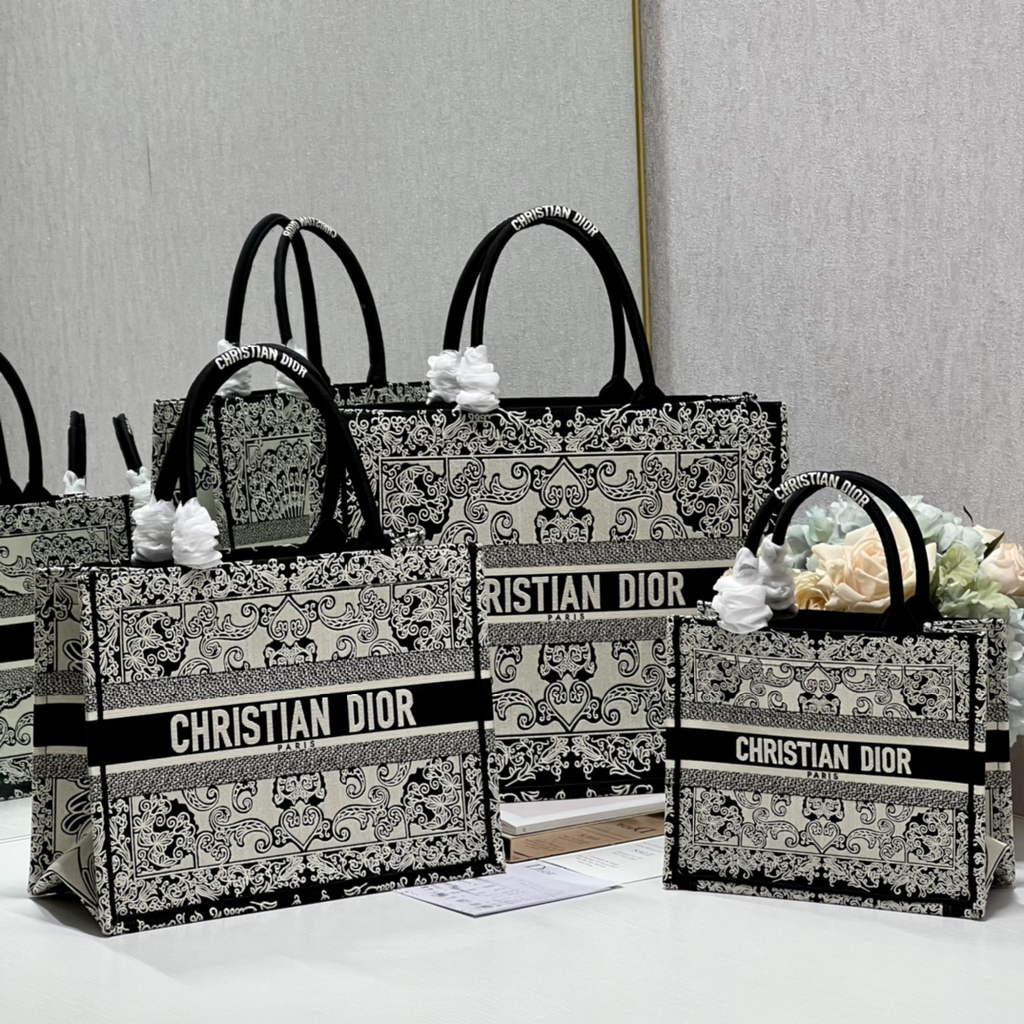 Dior M1286 Large Book Tote Black and Beige Bandana Embroidery