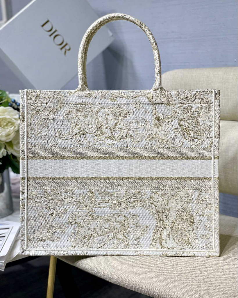 Dior M1286 Large Book Tote Beige Gold Toile de Jouy Embroidery