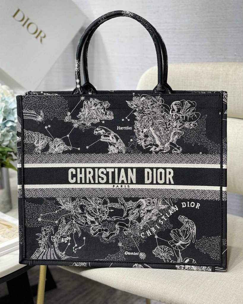 Dior M1286 Large Book Tote Black Latte Toile de Jouy Zodiac Embroidery