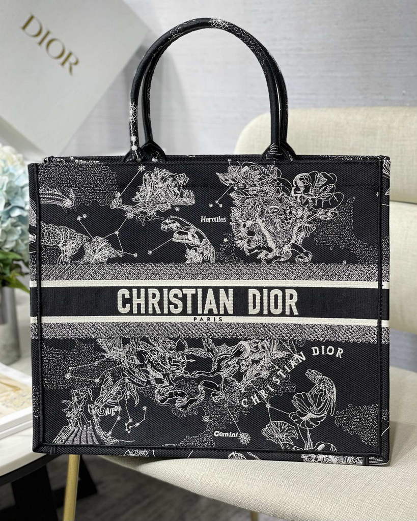 Dior M1286 Large Book Tote Black Latte Toile de Jouy Zodiac Embroidery - Default Title - View 1