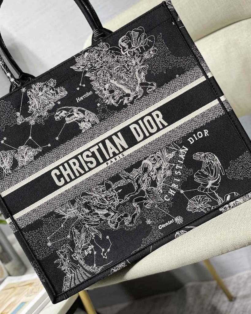 Dior M1286 Large Book Tote Black Latte Toile de Jouy Zodiac Embroidery