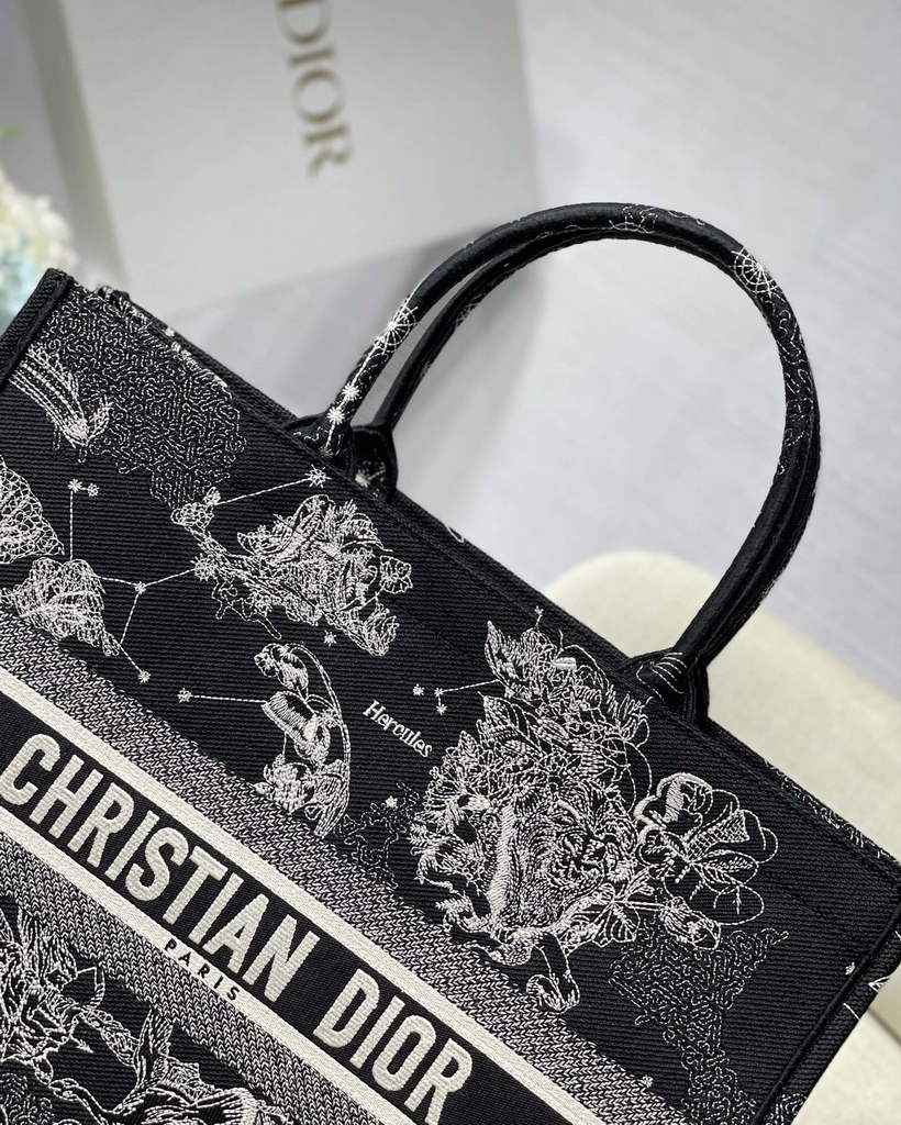 Dior M1286 Large Book Tote Black Latte Toile de Jouy Zodiac Embroidery