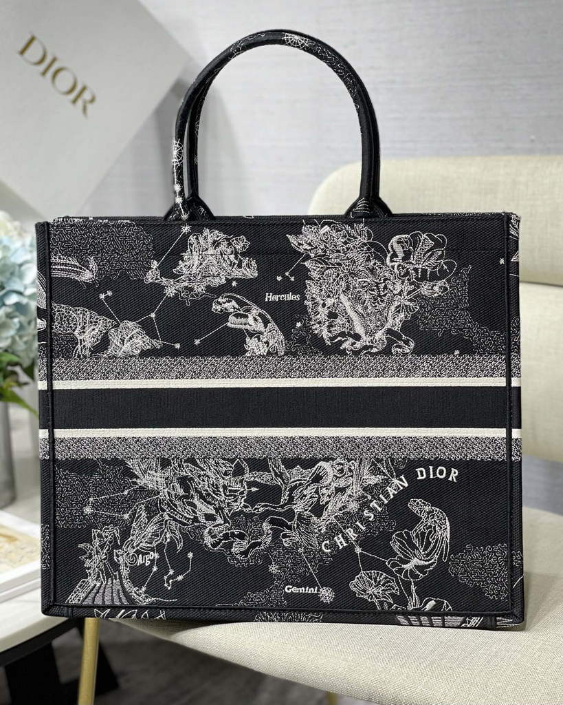 Dior M1286 Large Book Tote Black Latte Toile de Jouy Zodiac Embroidery