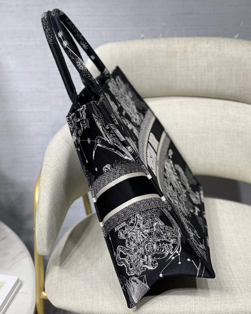 Dior M1286 Large Book Tote Black Latte Toile de Jouy Zodiac Embroidery