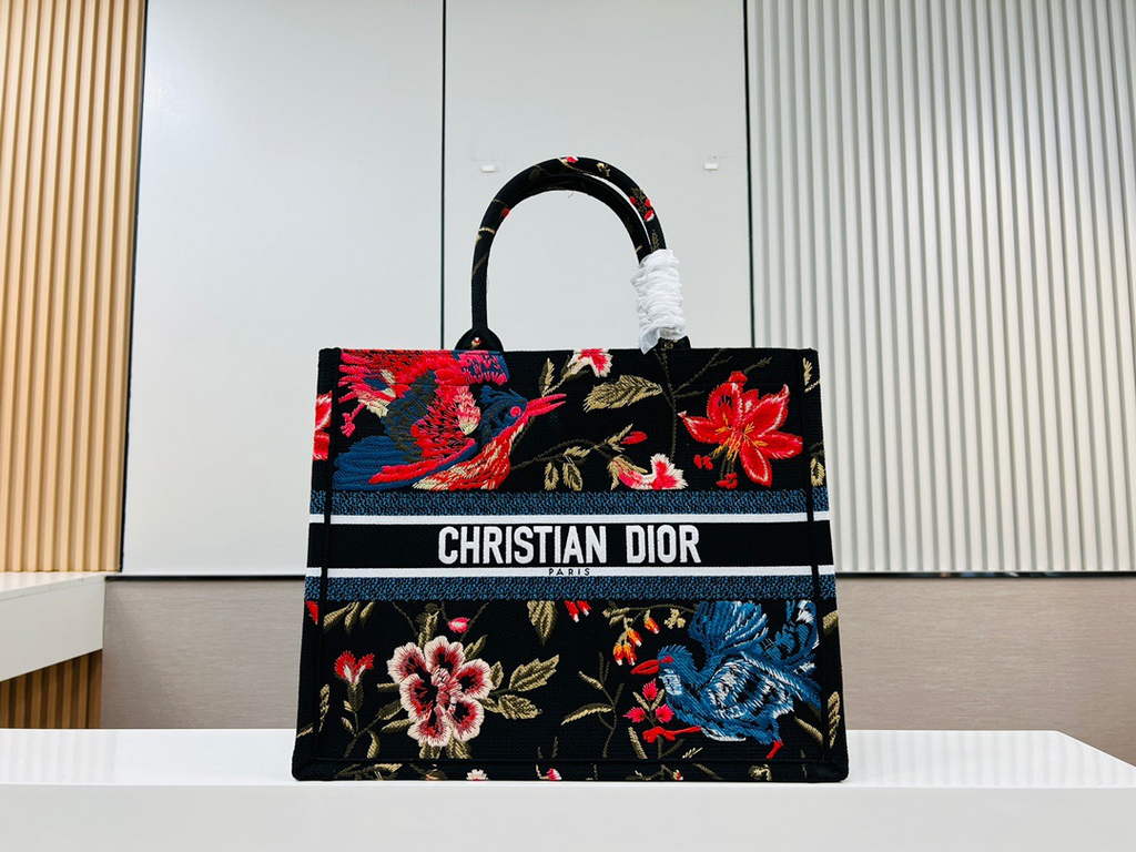 Dior M1286 Large Book Tote Black Multicolor Birds Embroidery