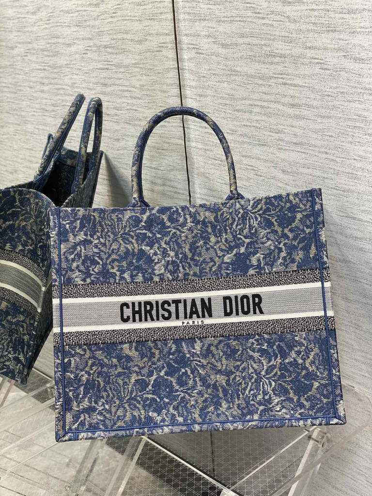 Dior M1286 Large Book Tote Blue Brocart Embroidery with Denim Effect
