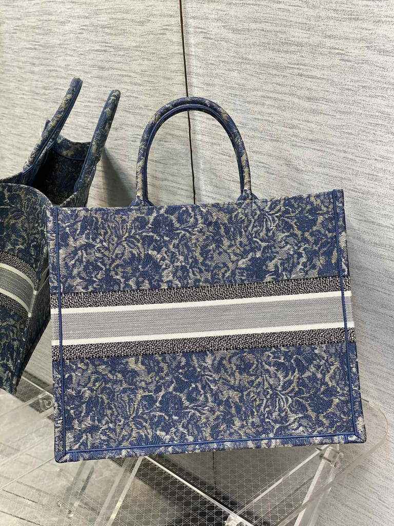 Dior M1286 Large Book Tote Blue Brocart Embroidery with Denim Effect