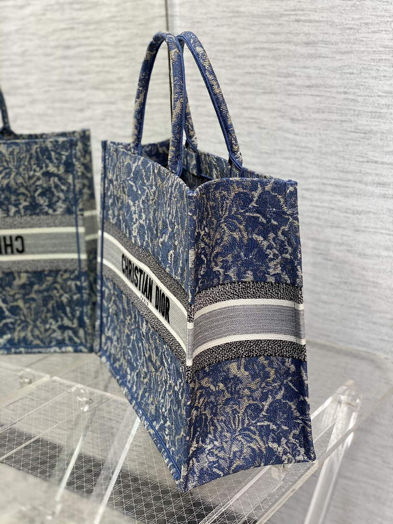 Dior M1286 Large Book Tote Blue Brocart Embroidery with Denim Effect