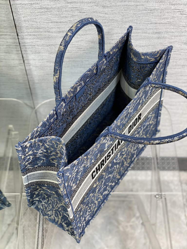 Dior M1286 Large Book Tote Blue Brocart Embroidery with Denim Effect