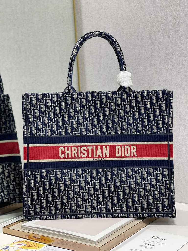 Dior M1286 Large Book Tote Blue Red velvet Oblique Embroidery