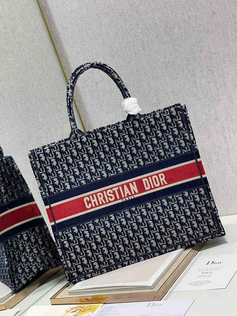 Dior M1286 Large Book Tote Blue Red velvet Oblique Embroidery