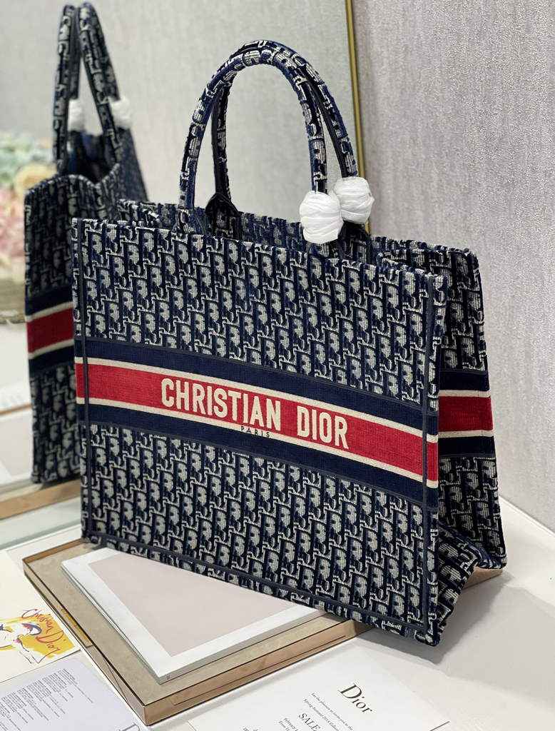 Dior M1286 Large Book Tote Blue Red velvet Oblique Embroidery
