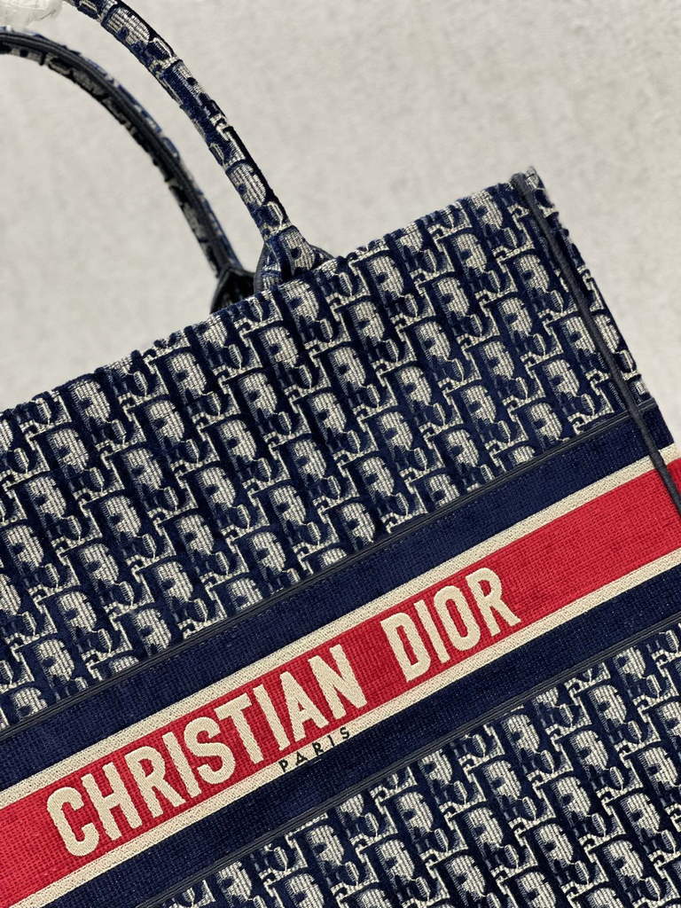 Dior M1286 Large Book Tote Blue Red velvet Oblique Embroidery