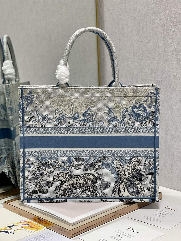 Dior M1286 Large Book Tote Blue Toile de Jouy Reverse Embroidery