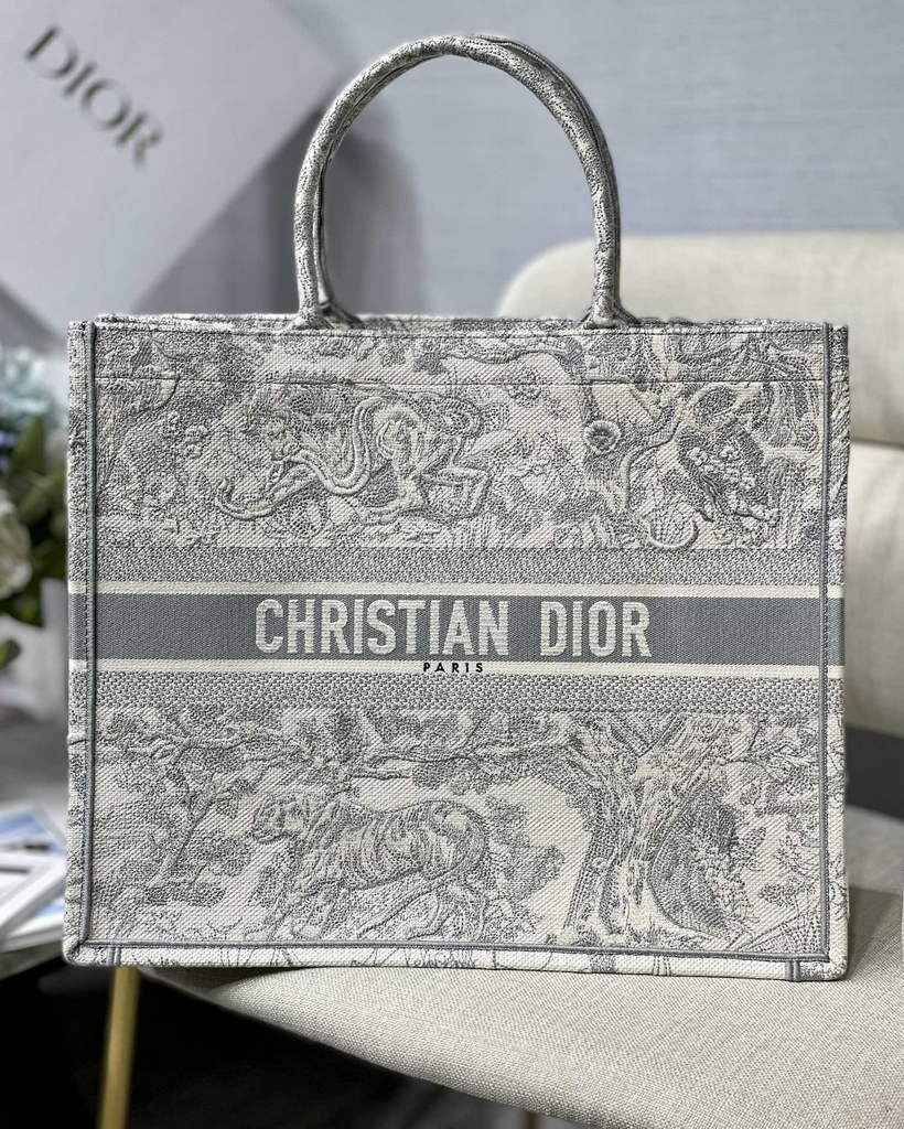 Dior M1286 Large Book Tote Gray Toile de Jouy Embroidery
