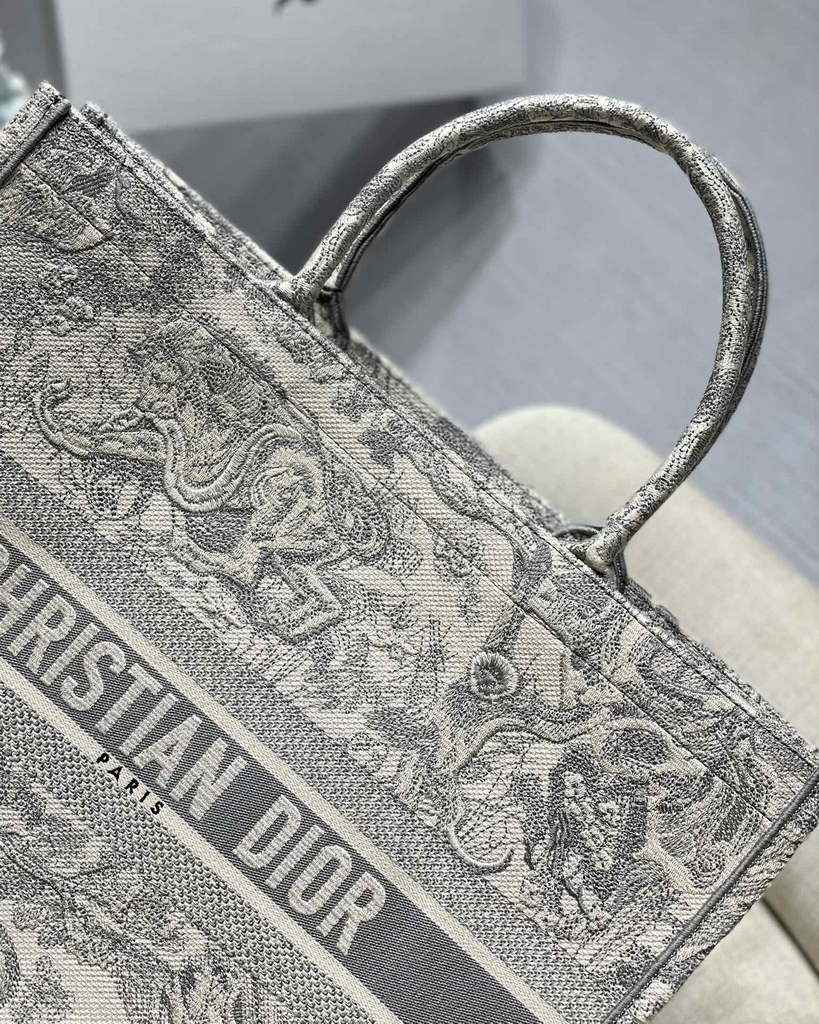 Dior M1286 Large Book Tote Gray Toile de Jouy Embroidery
