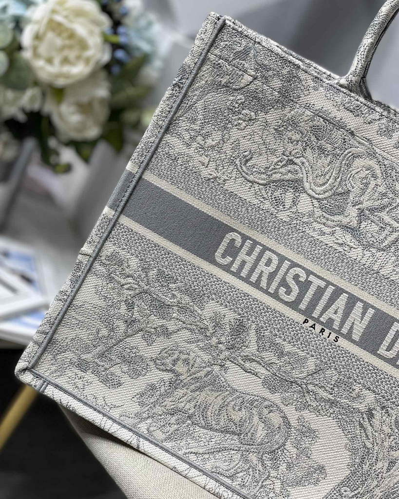 Dior M1286 Large Book Tote Gray Toile de Jouy Embroidery