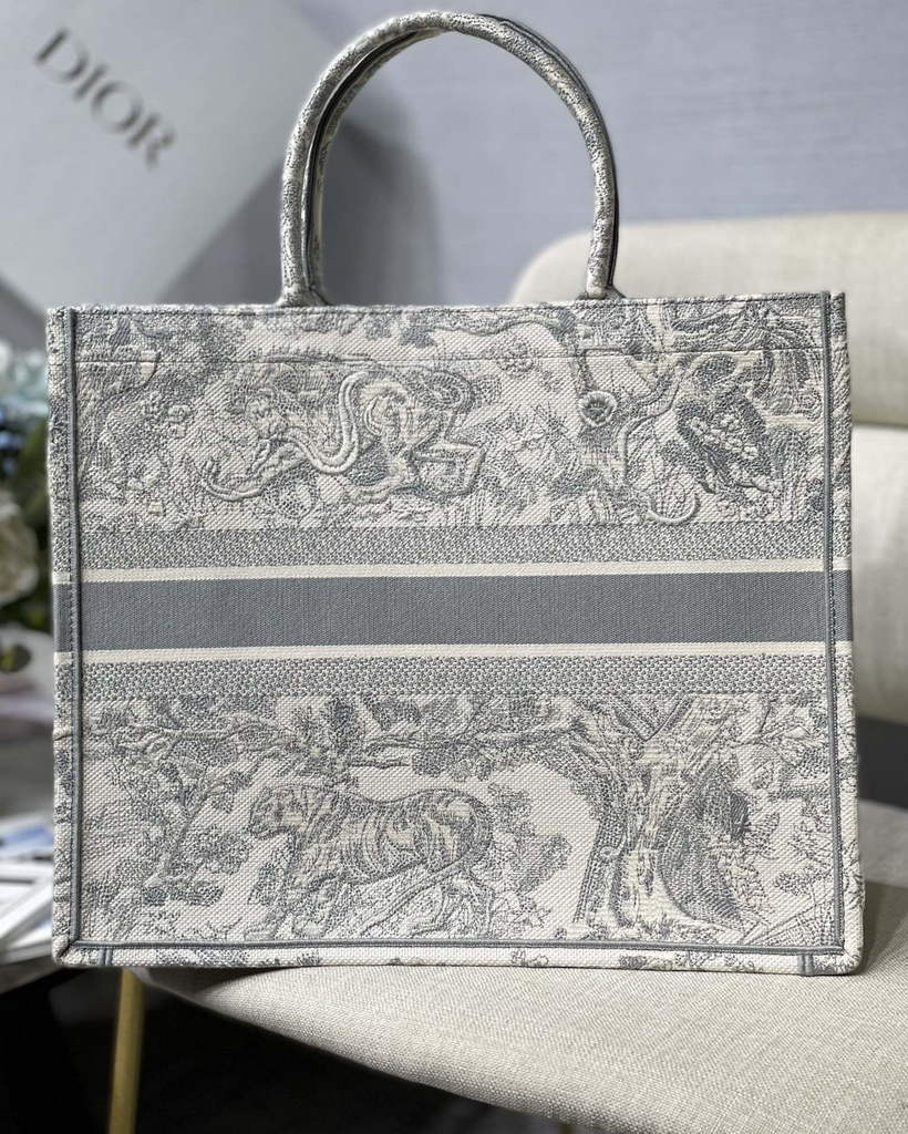 Dior M1286 Large Book Tote Gray Toile de Jouy Embroidery