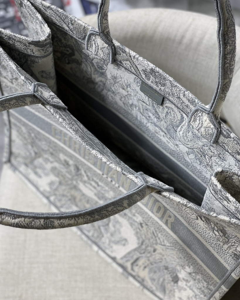 Dior M1286 Large Book Tote Gray Toile de Jouy Embroidery