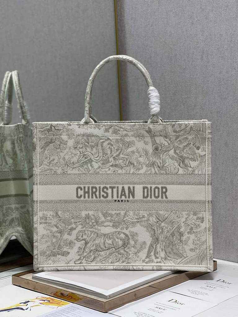 Dior M1286 Large Book Tote Gray Toile de Jouy Reverse Embroidery