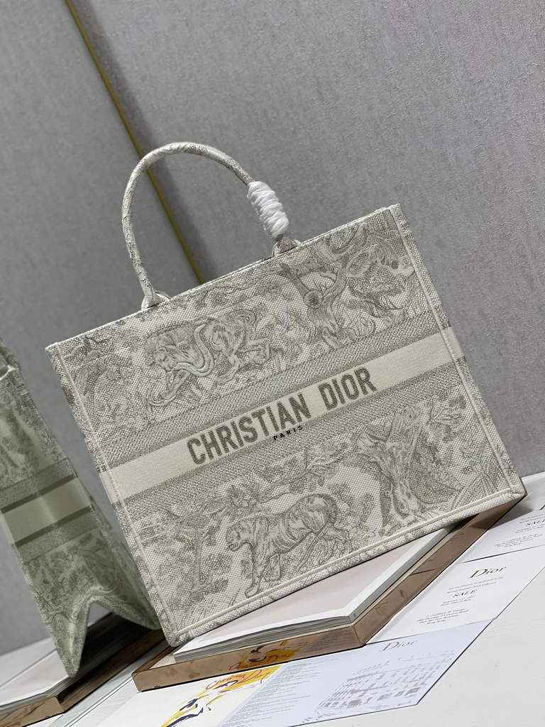 Dior M1286 Large Book Tote Gray Toile de Jouy Reverse Embroidery