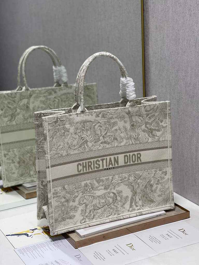 Dior M1286 Large Book Tote Gray Toile de Jouy Reverse Embroidery