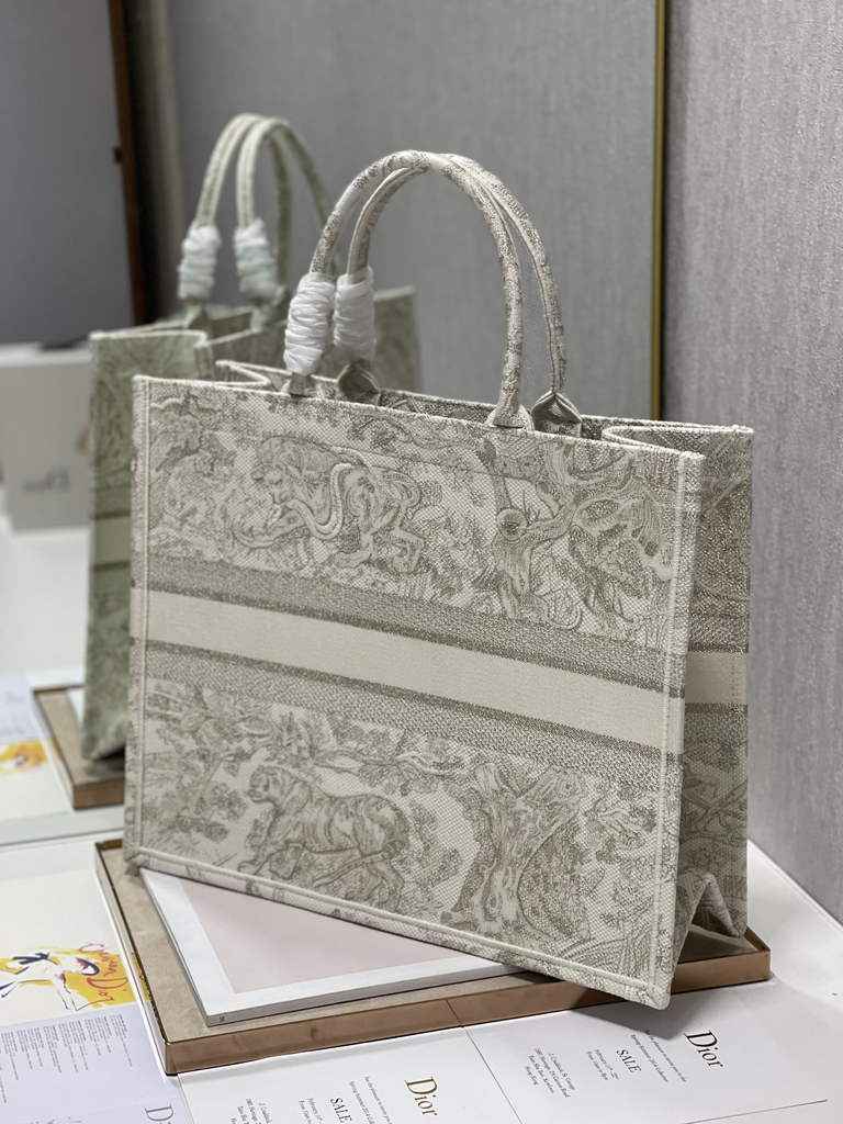 Dior M1286 Large Book Tote Gray Toile de Jouy Reverse Embroidery