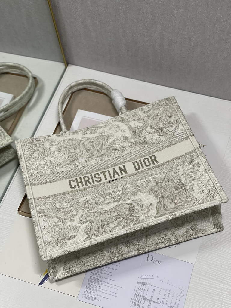 Dior M1286 Large Book Tote Gray Toile de Jouy Reverse Embroidery