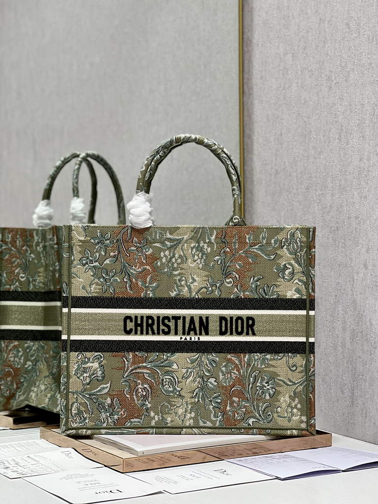 Dior M1286 Large Book Tote Green Multicolor Petites Fleurs Embroidery